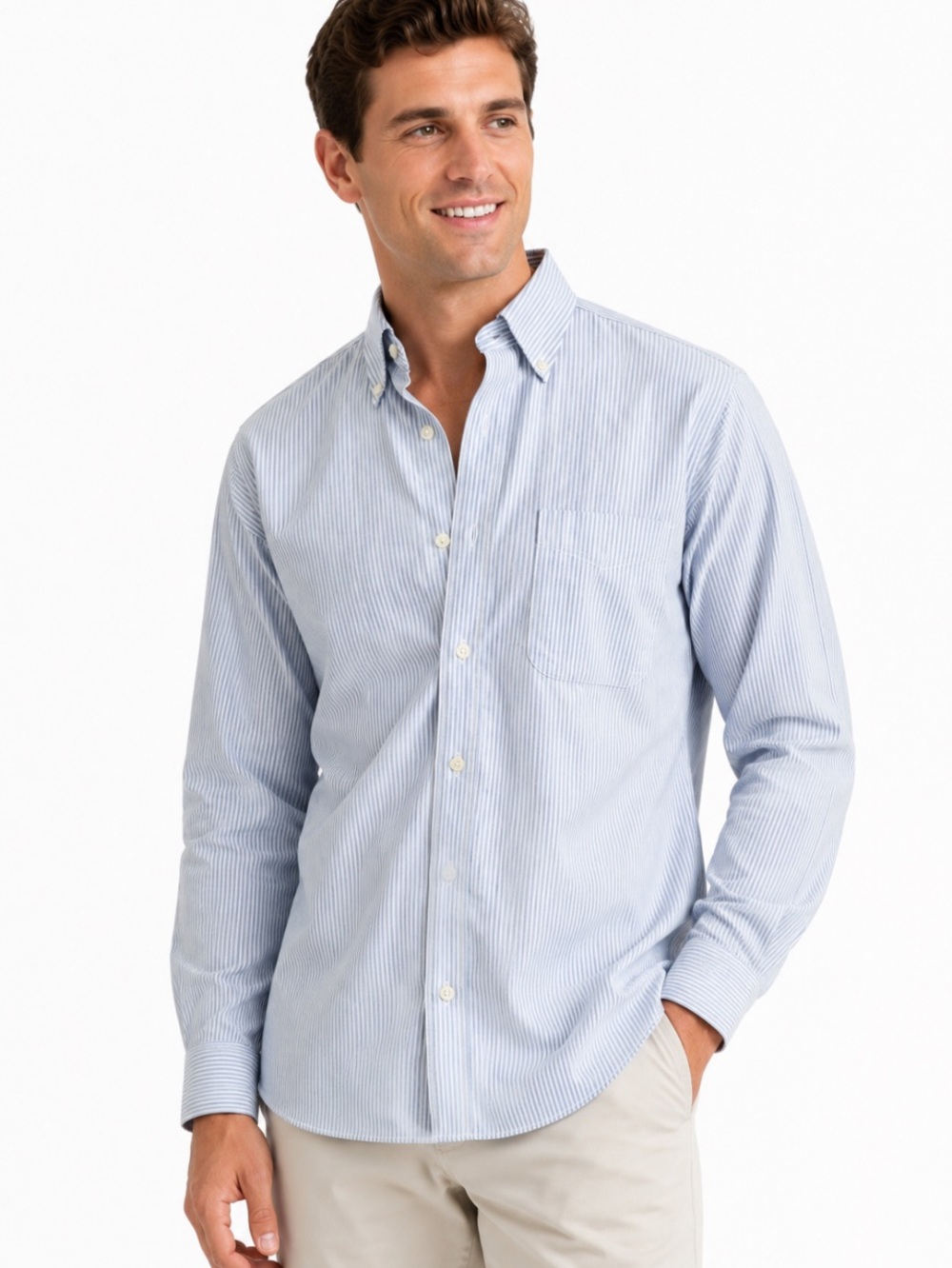 L.L. BEAN Blue & White Pin Stripe Oxford No Iron Button-Down Shirt 16-34 NWOT